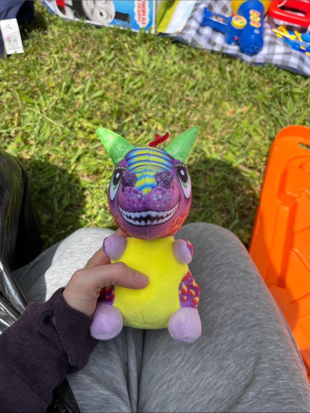 Colorful Plush Dino Toy - Yellow Body with Purple & Green Accents